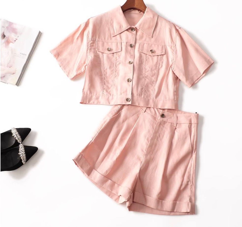 Women’s 2026 Summer Linen-Silk Short Sleeve Blazer & Pants Set – Lightweight Short Blazer with Single-Breasted Design